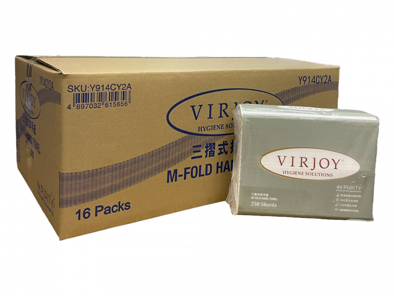 VIRJOY  9" x 9" 三摺抹手紙 250Sheet/包 16包/箱