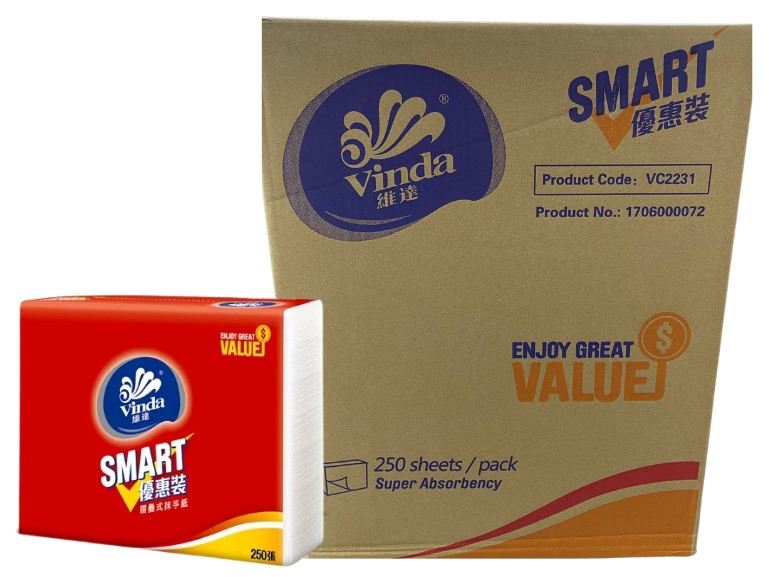 9" x 9" 維達 Smart 三摺抹手紙 250張/包  16包/箱
