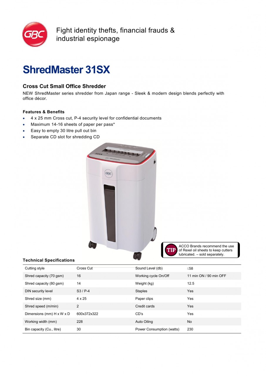 GBC ShredMaster 31SX (16張,30公升) 粒狀碎紙機