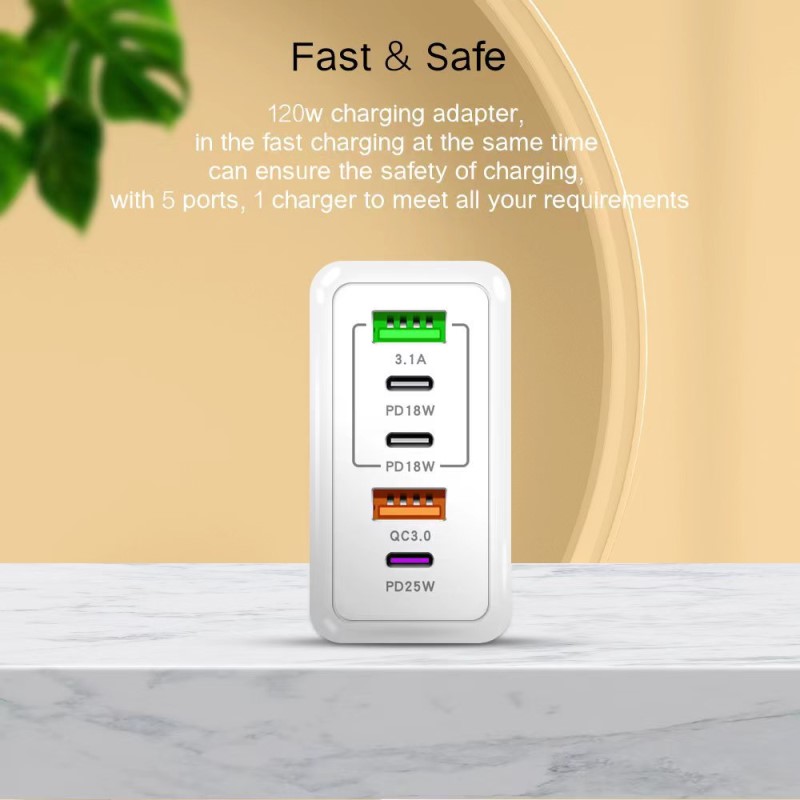 F002 120W&PD&QC3.0 雙TYPE C+3USB 叉電插頭