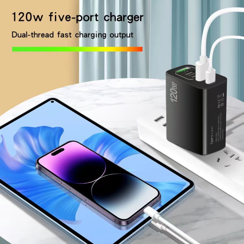 F002 120W&PD&QC3.0 雙TYPE C+3USB 叉電插頭