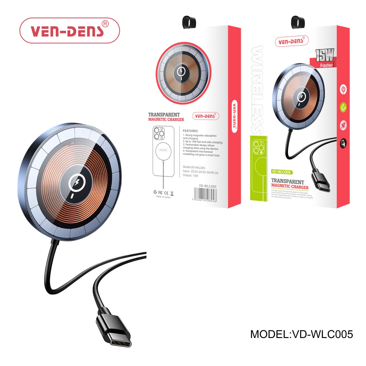 Ven-Dens USB-C 磁吸無線充電線15W