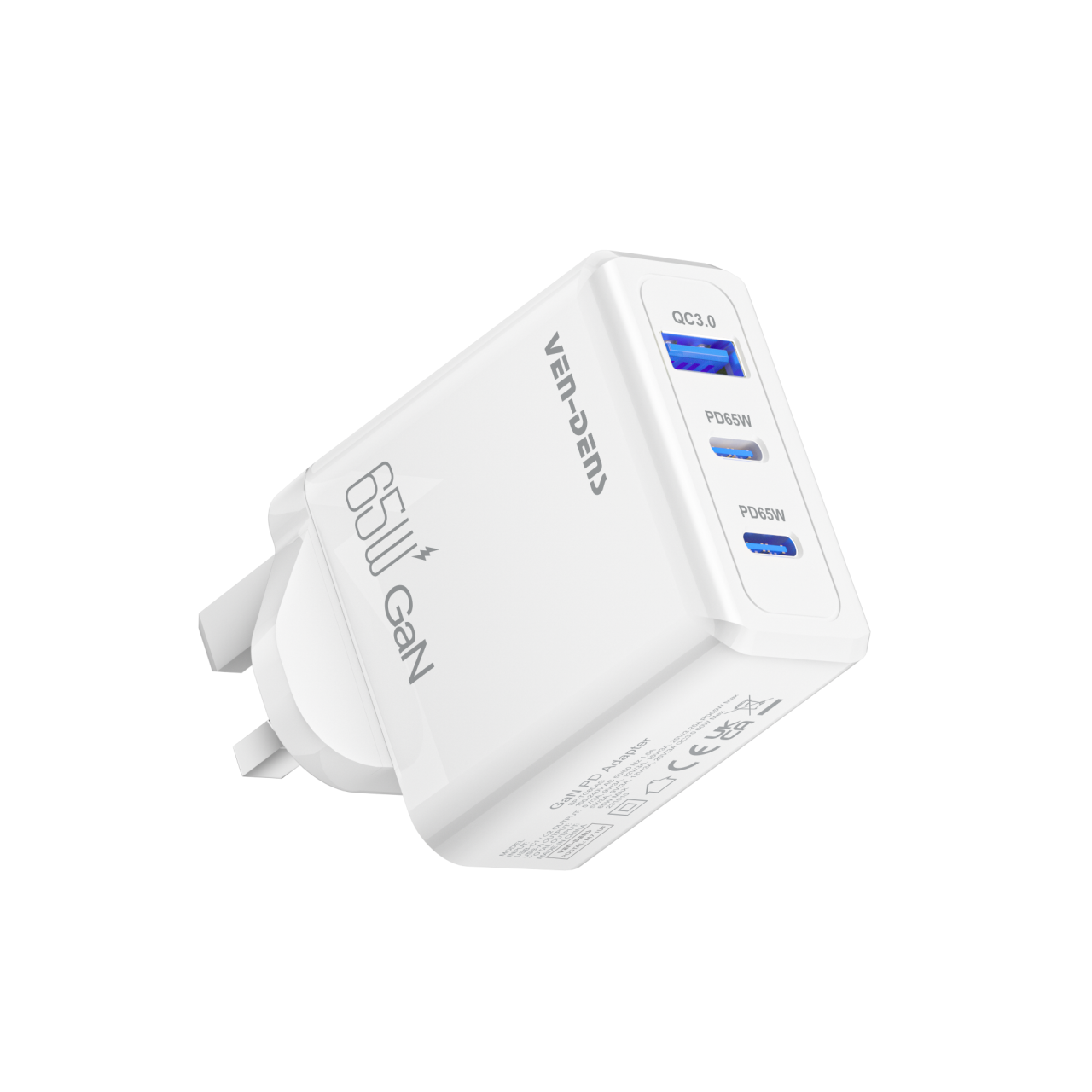 Ven-Dens 2C1A PD65W Gan 充電器 (白色)