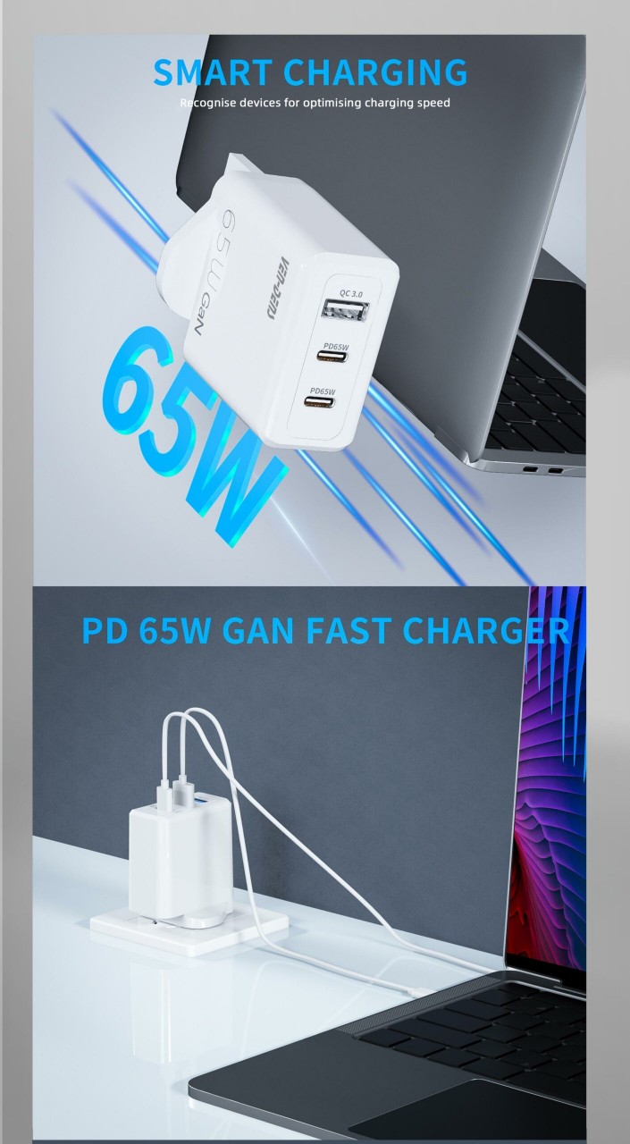 Ven-Dens 2C1A PD65W Gan 充電器 (白色)