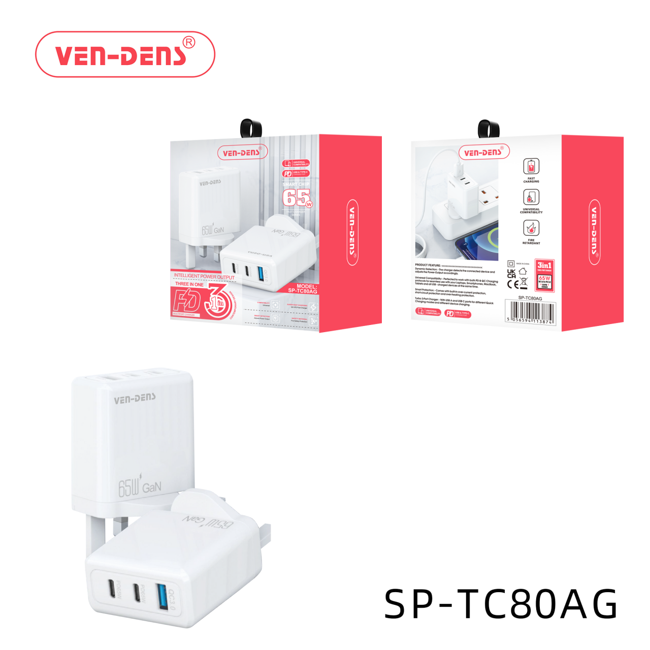 Ven-Dens 2C1A PD65W Gan 充電器 (白色)