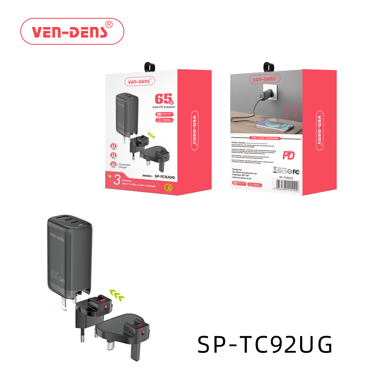 Ven-Dens 2C1A PD65W Gan 旅行充電器 連US/UK/EU 多國插頭