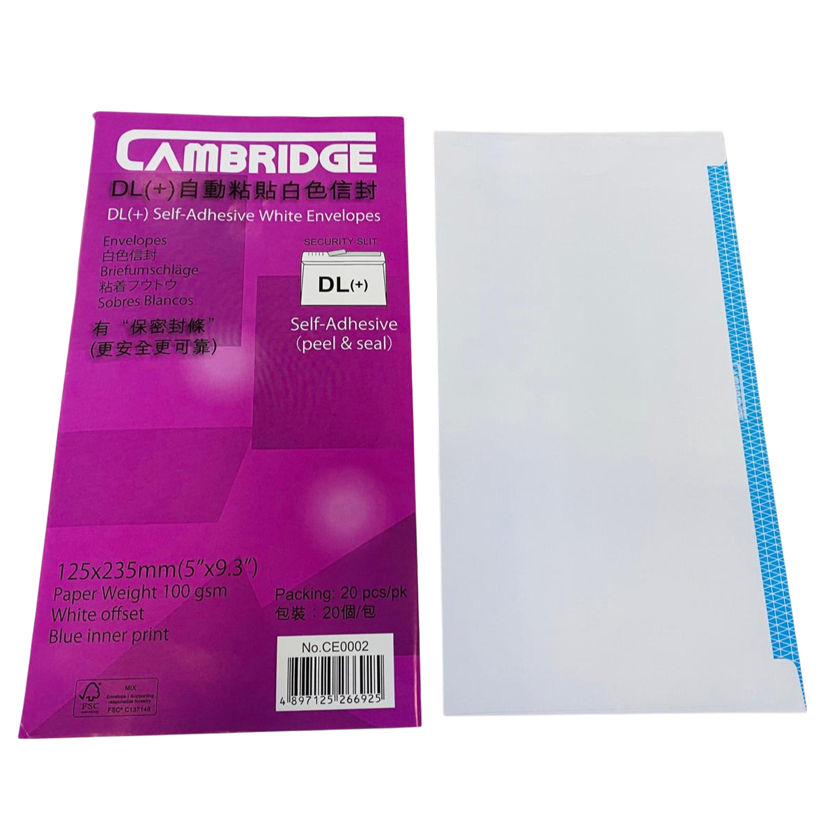 Cambridge DL+ 白色自動黏貼信封 125x235mm / 20個/包 (OXCE0002)