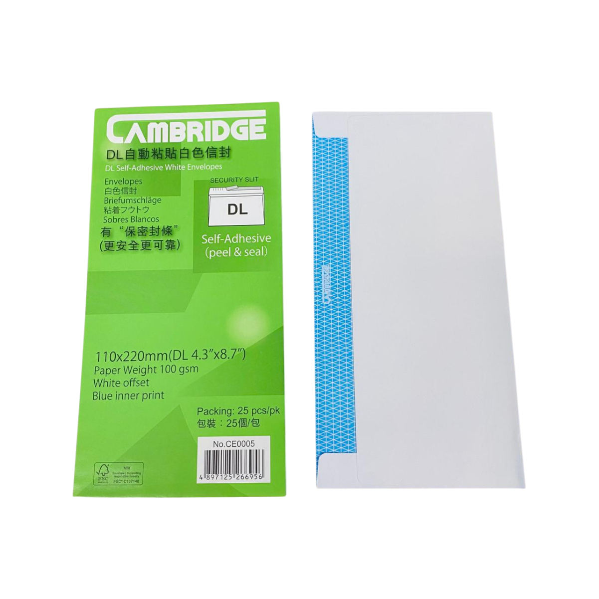 Cambridge DL 自动贴白封 110 x 220mm 25个/包 (OXCE0005)