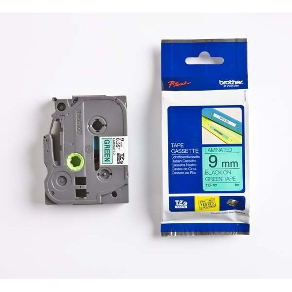 Brother TZe-Label Tape 9mm x 8m (TZe-721) - Black on Green