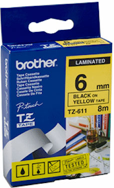 Brother TZ 標籤帶 6mm x 8m (TZe-611) / 黃底黑字
