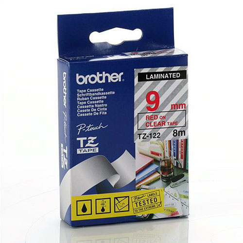 Brother TZe-標籤帶 9mm x 8m (TZe-122) / 透明底紅字